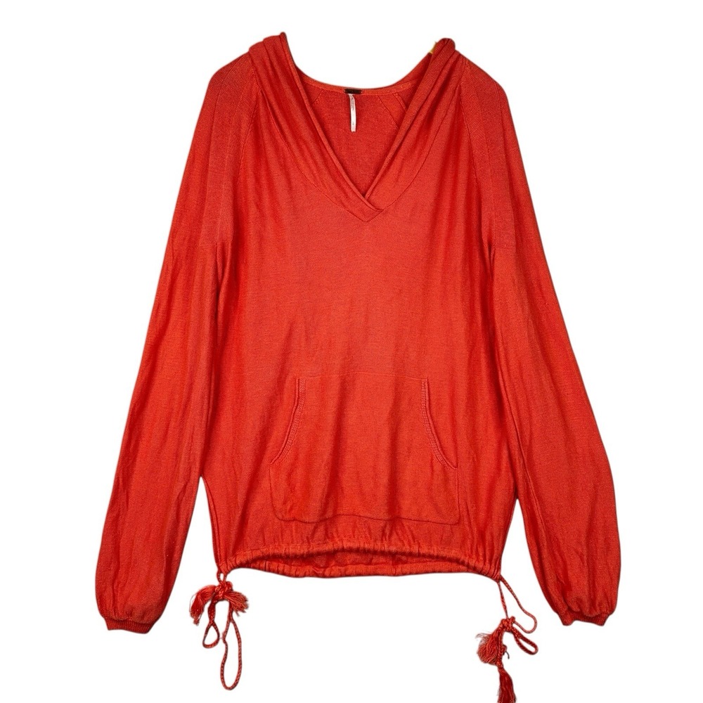 Free People Hooded Knit Sweater Pullover Orange Drawstring Hem Size M‎